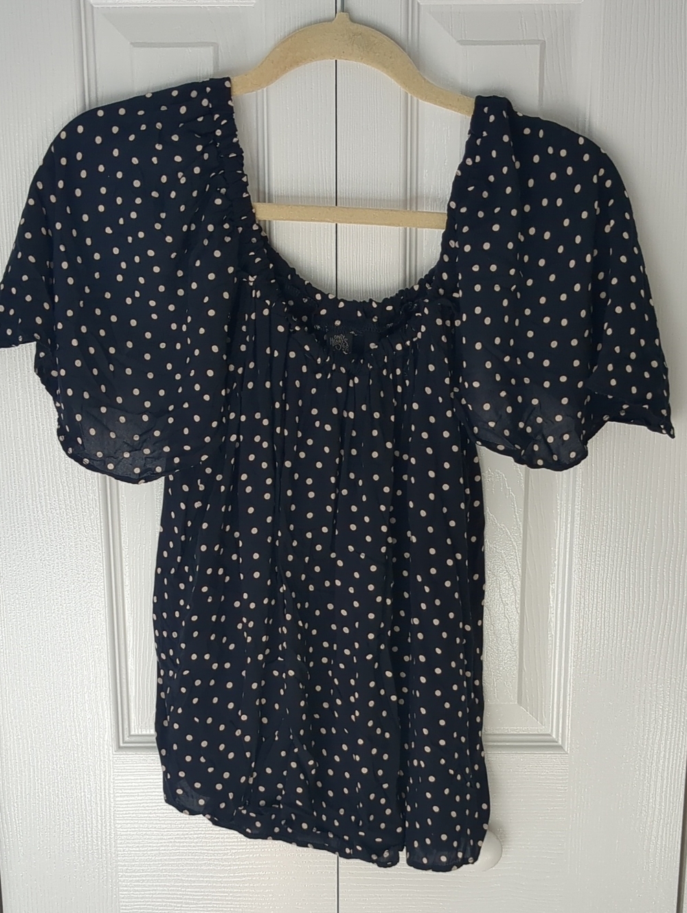Womens Navy Polka Dot Puff Sleeve Blouse